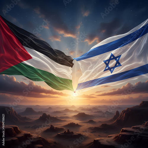 Wallpaper Mural Israeli and Palestinian flags facing each other at sunset - a symbol of dialogue and hope Torontodigital.ca