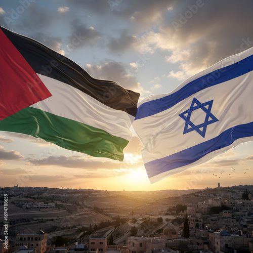 Wallpaper Mural Israeli and Palestinian flags facing each other at sunset - a symbol of dialogue and hope Torontodigital.ca