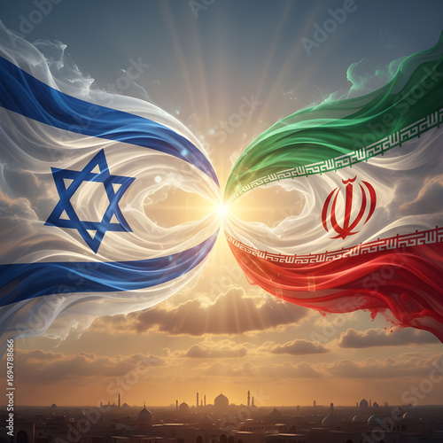 Wallpaper Mural Flags of Israel and Iran at sunset, a ray of light between the canvases Torontodigital.ca
