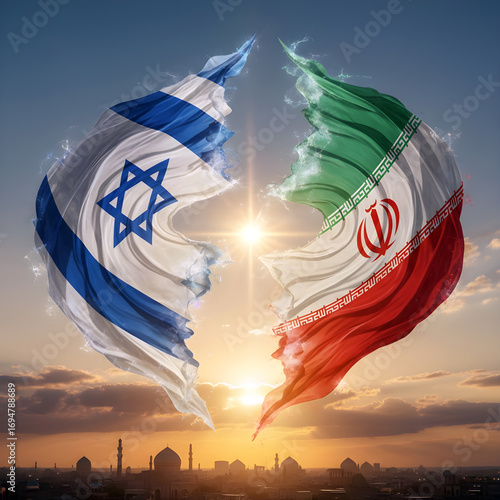 Wallpaper Mural Flags of Israel and Iran at sunset, torn fabric and rays of the sun Torontodigital.ca