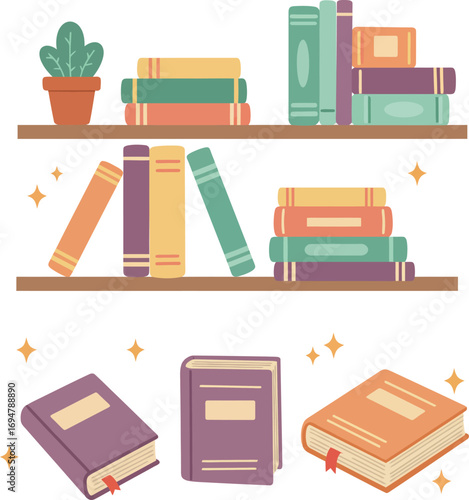 "Illustration of Books on Shelves and Closed Books"