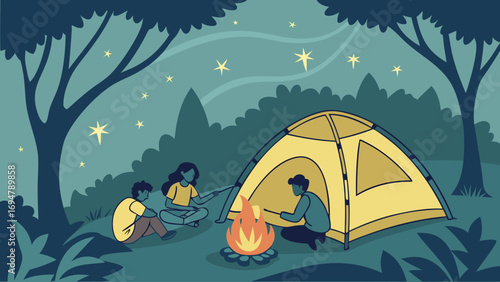 Friends Camping with Bonfire Under Starry Night Sky – Vector Illustration of Youth Adventure and Nature Life