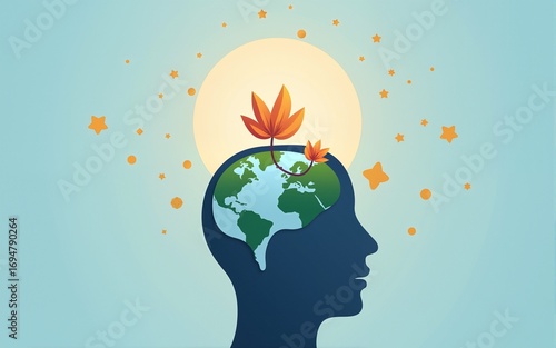 Mental health concept vector illustration. World mental health day. Flower plant growing in brain flat design. Brain and mind care. High quality