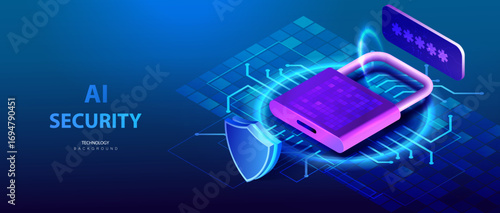 The concept of ai personal data protection. Security isometric banner. Technology shield with padlock. Protection of information, password system privacy. Cybersecurity vector background.