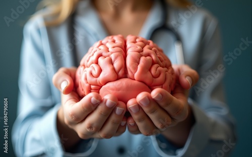 mental health day with hands protecting human brain and set items. High quality
