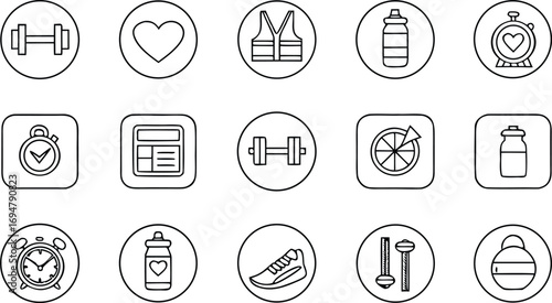 Fitness App Icons:  Clean Line Art Style, Health & Wellness Theme, Minimalist Design.