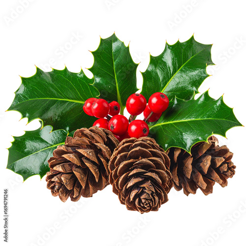 Christmas holly and pine cones isolated on a transparent background. Cutout PNG file