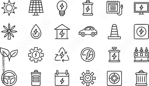 Clean Line Icons: Renewable Energy, Sustainable Technology, Eco-Friendly Power Sources, Green Energy Solutions.