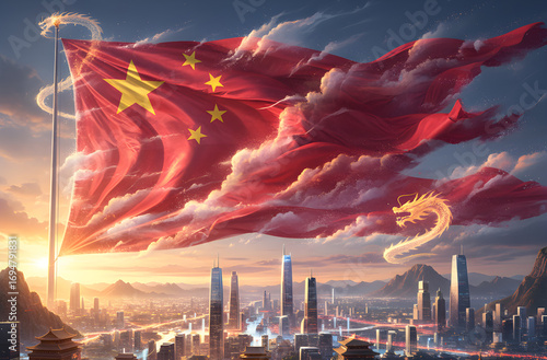 Wallpaper Mural China flag in clouds over futuristic city with golden dragon at sunset Torontodigital.ca