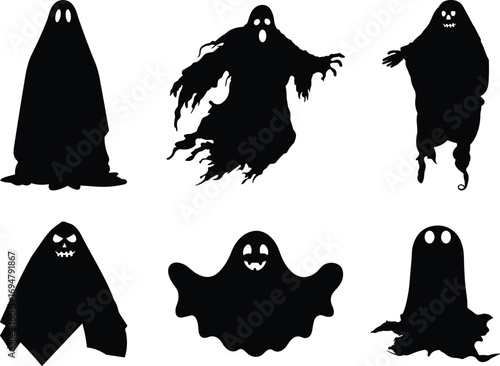 Ghost silhouettes, spooky icons, Halloween shapes, scary faces, supernatural figures, haunted, eerie, black design, floating, creepy, mysterious, horror, spirit, phantom, fear
