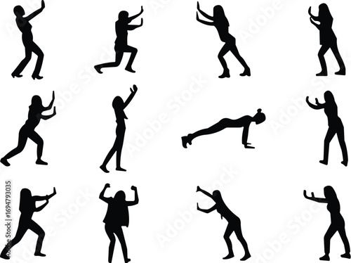 Human silhouette collection, dynamic body poses, expressive movement icons, black vector illustration, physical gesture design, action, motion, strength