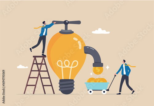 Idea to make money, earning or profit from business creativity, financial advise to gain more wealth or success rich investor concept, businessman open lightbulb idea faucet to earn money coins.