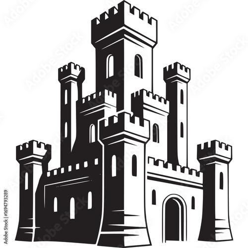 Vector art of a striking black and white graphic representation of a medieval castle with multiple towers and battlements, , symbolizing strength and history