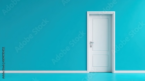 Minimalist white door in a vibrant blue wall interior with clean lines and modern design for contemporary home decor