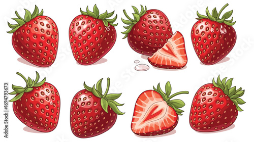 Vibrant strawberry illustration with red and green accents