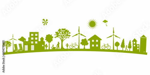 Green cityscape silhouette with renewable energy sources and people enjoying nature and sustainable living
