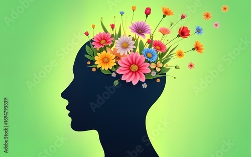 Human head silhouette with an open mind and colorful flowers flying out on a green background, world mental health day concept. High quality