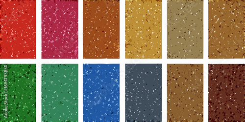 A collection of twelve vertical terrazzo patterns in various earthy and vibrant colors