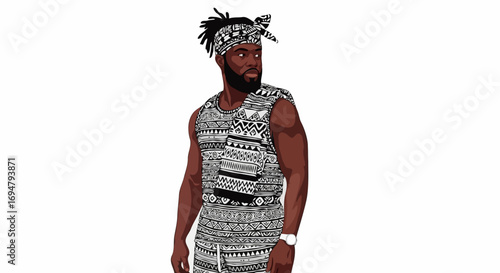 Man Proudly Posing in Traditional African Attire against a White Background
