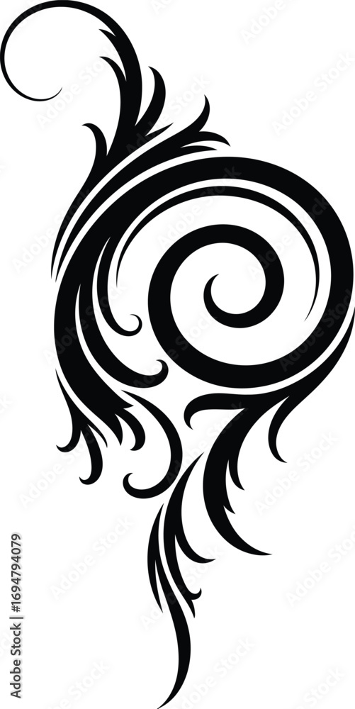 Fototapeta premium Elegant black and white vector illustration of a decorative and flowing abstract swirl ornament, with graceful curls and dynamic lines, ideal for tattoo designs and artistic graphic elements.