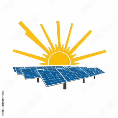 Solar panels in a flat, modern style, in blue and yellow, representing renewable energy and sustainability with copy space