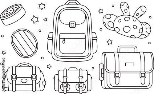School Bag Collection Education Supplies Backpacks Briefcases Satchels Vector Illustration