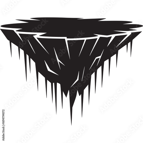 Vector art of stylized black silhouette of a floating island with sharp iciclelike formations hanging from the underside