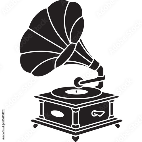 flattened_41Vector art of a black silhouette of an antique gramophone with a large horn and a spinning record, isolated on a, symbolizing music and vintage technology