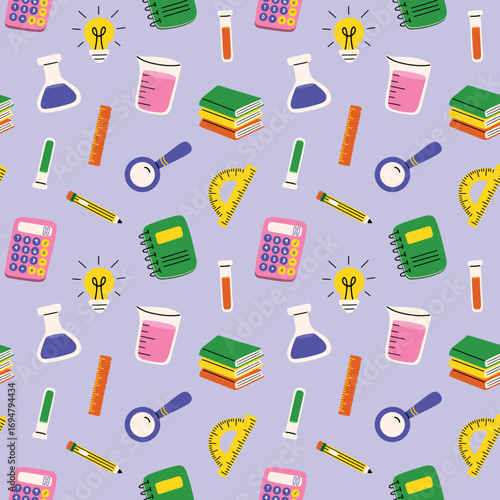 Back to School Science Laboratory Materials on Purple Seamless Pattern Design