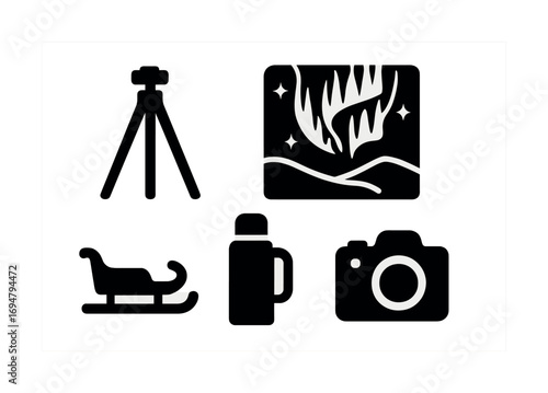 Essential winter camping icons: camera, tripod, northern lights, thermos, sled