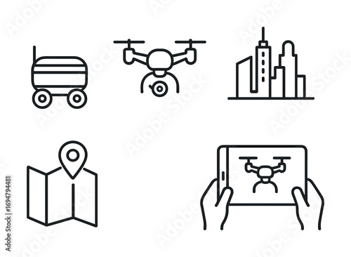 Urban technology icons: drones, robots, smart cities, navigation