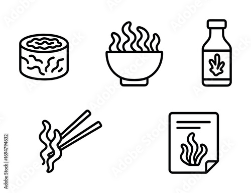 Seaweed icons set featuring sushi roll, bowl, sauce bottle, chopsticks, and recipe sheet