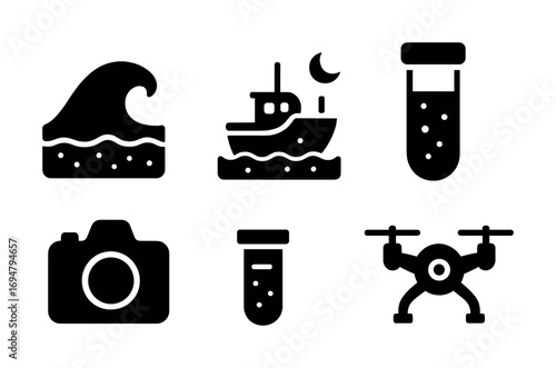 Black icons: wave, boat, test tube, camera, drone