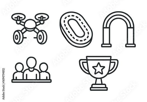 Drone, racetrack, archway, group, trophy: line art icons collection