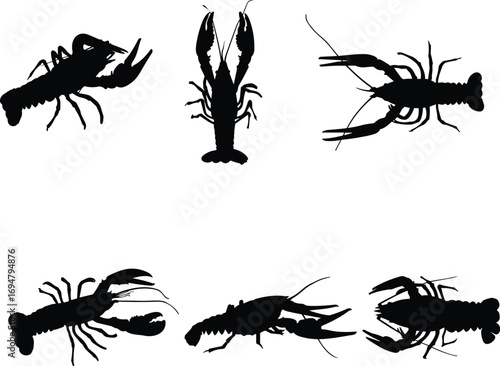 Lobster silhouette collection, black crustacean icons, marine animal poses, seafood vector design, clawed lobster shapes, ocean life illustration