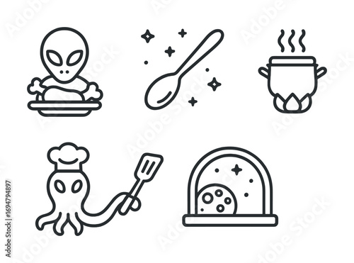Black and white alien cooking icons: ufo, spoon, cauldron, chef octopus, pizza oven