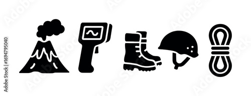 Volcano adventure essentials: seismometer, boots, helmet, rope icons