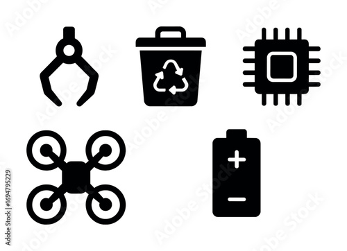 Silhouette icons of robot arm, recycling bin, microchip, drone, and battery