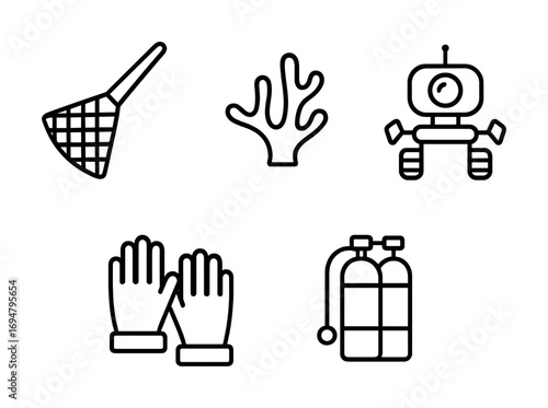 Monochrome icons: net, coral, robot, gloves, diving tanks