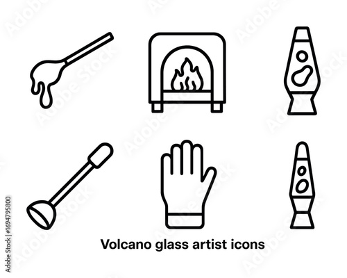 Volcano glass artist icons: tools and lamps in simple line art style