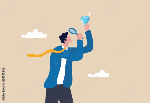 Searching for rare gem, valuable diamond or business evaluation, find talent skillful employee, opportunity or precious investment concept, businessman with magnifying glass looking rare diamond gem.