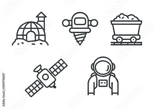 Space exploration icons: igloo, drill, mining cart, satellite, astronaut