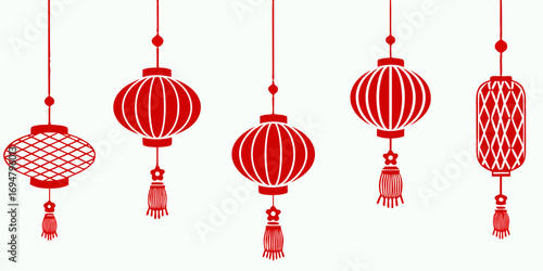 Collection of traditional red chinese lanterns hanging with tassels on a white background