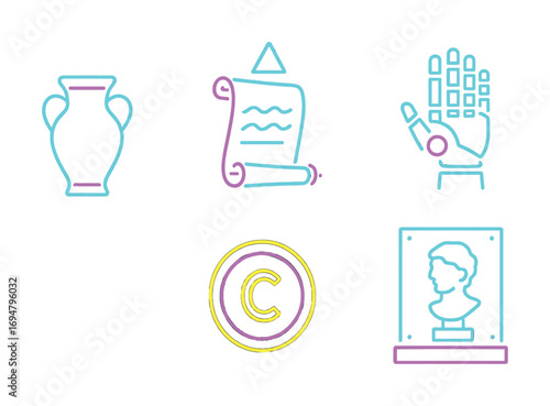 Ancient artifacts and symbols: vase, scroll, robotic hand, copyright, bust