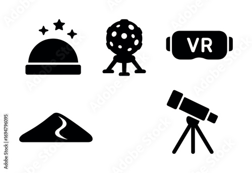 Silhouettes of astronomy dome, planetarium, vr headset, telescope, and mountain