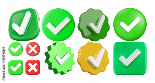 transparent Set of Green Check mark symbol 3d icon illustration, verified, approve symbol isolated on transparent background. Check mark icon in a circle frame. Confirmation symbol