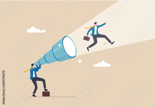 Create strong vision to lead to business success, ambition to set direction and reach goal and target, mission or career path, businessman look through telescope see himself walking to reach goal.