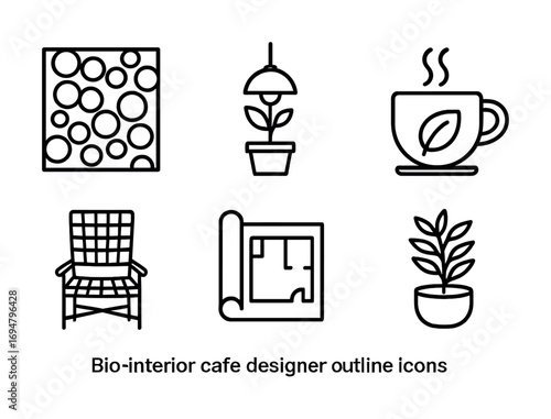Bio-interior cafe designer icons: plants, chair, cup, floor plan