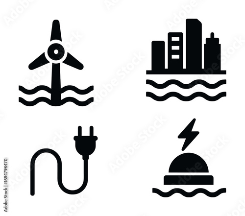 Renewable energy icons: wind turbine, urban water, electric plug, solar buoy