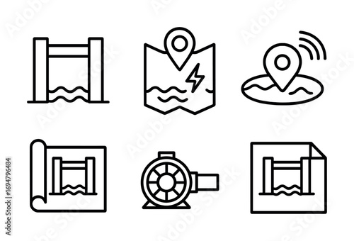Hydroelectric dam outlines with map and turbine symbols for renewable energy concepts